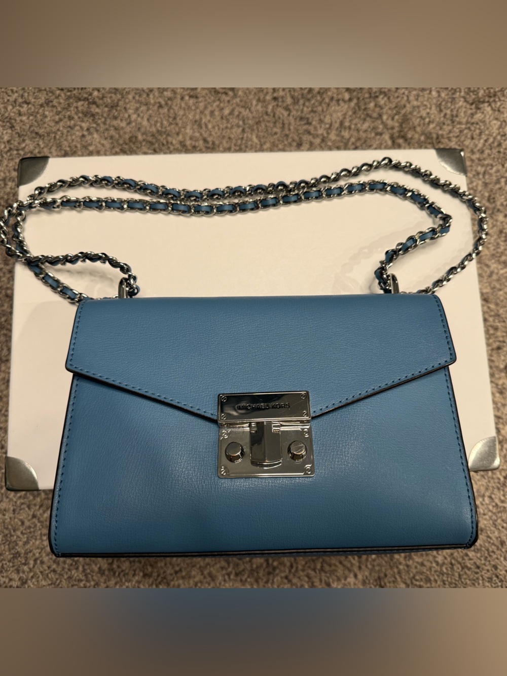 Michael Kors Cornflower Blue Leather Crossbody with Silver Chain